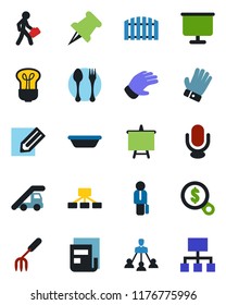 Color and black flat icon set - spoon and fork vector, ladder car, presentation board, pencil, garden, glove, microphone, paper pin, news, hierarchy, manager, fence, bowl, bulb, money search