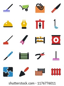 Color and black flat icon set - security gate vector, trowel, rake, wheelbarrow, pruner, saw, hoe, scalpel, cargo container, oil barrel, rack, application, paper clip, ink pen, dish, ladle, knife