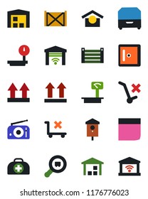 Color and black flat icon set - checkroom vector, bird house, doctor case, container, warehouse storage, up side sign, no trolley, heavy scales, search cargo, radio, blank box, archive