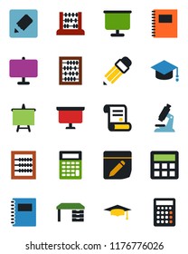 Color and black flat icon set - graduate vector, abacus, desk, presentation board, contract, microscope, calculator, notes, copybook, pencil