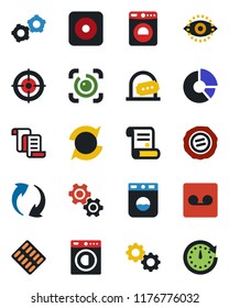 Color and black flat icon set - ticket office vector, washer, gear, contract, circle chart, stamp, pills blister, rec button, update, record, eye id, target, clock