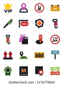 Color and black flat icon set - no mobile vector, laptop, vip, stamp, plant label, navigation, up side sign, hook, barcode, sd, sertificate, pen, sale, menu, open close