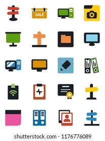 Color and black flat icon set - office binder vector, pulse clipboard, signpost, monitor, folder, notes, photo gallery, presentation board, blank box, sale, pc, pass card, certificate, guidepost