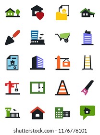 Color and black flat icon set - border cone vector, airport building, office, trowel, ladder, wheelbarrow, saw, hospital, house, with garage, tree, plan, estate document, sweet home, city, crane