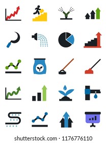 Color and black flat icon set - growth statistic vector, watering, hoe, sickle, fertilizer, drip irrigation, pie graph, point, career ladder, arrow up, presentation