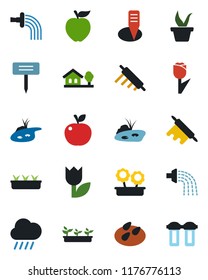Color and black flat icon set - seedling vector, watering, rain, plant label, seeds, tulip, house with tree, pond, flower in pot, rolling pin, apple fruit, water filter