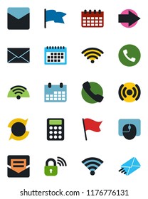 Color and black flat icon set - phone vector, right arrow, mail, mouse, calendar, call, wireless, update, calculator, lock, flag