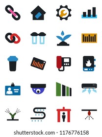 Color and black flat icon set - security gate vector, identity card, drip irrigation, sorting, barcode, chain, root setup, air conditioner, smart home, water heater, intercome, filter, surveillance