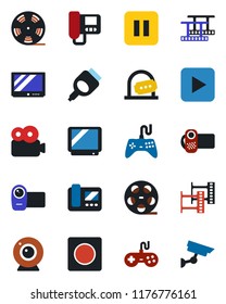 Color and black flat icon set - ticket office vector, film frame, reel, gamepad, tv, video camera, play button, pause, hdmi, record, web, intercome, surveillance