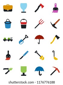 Color and black flat icon set - baggage larry vector, job, shovel, farm fork, bucket, pruner, axe, scalpel, fragile, umbrella, themes, ladle, case, hard work