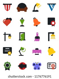 Color and black flat icon set - left arrow vector, pennant, butterfly, garden light, heart, themes, bell, sertificate, desk lamp, cushioned furniture, restaurant table, outdoor, door, pennon