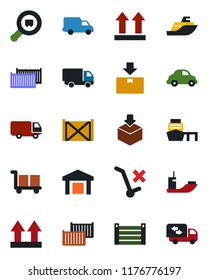 Color and black flat icon set - sea shipping vector, cargo container, car delivery, port, up side sign, no trolley, warehouse, package, search, moving