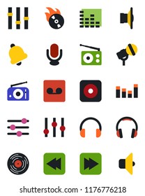 Color and black flat icon set - vinyl vector, flame disk, microphone, radio, speaker, settings, equalizer, headphones, fast forward, rewind, rec button, tuning, bell, record, sound