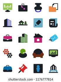 Color and black flat icon set - suitcase vector, male, office building, case, statistic monitor, house, support, folder document, news, notes, statistics, drawing pin, stamp, with tree, gear, mail