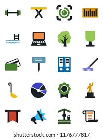 Color and black flat icon set - pedestal vector, office binder, notebook pc, rake, tree, well, plant label, picnic table, barbell, fragile, barcode, eye id, sertificate, pie graph, pool, credit card