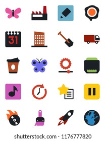 Color and black flat icon set - coffee vector, job, stamp, butterfly, car delivery, flame disk, favorites list, pause button, hdmi, themes, calendar, notes, brightness, music, city house, factory