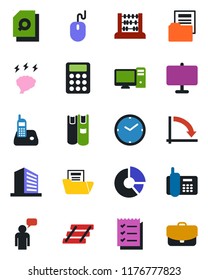 Color and black flat icon set - speaking man vector, office building, abacus, mouse, crisis graph, brainstorm, circle chart, phone, radio, clock, presentation board, document folder, search, book
