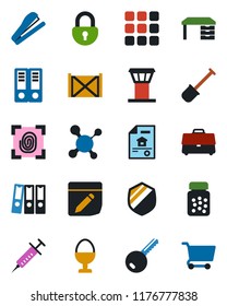 Color and black flat icon set - airport tower vector, office binder, desk, shovel, molecule, syringe, pills bottle, container, shield, menu, notes, lock, case, paper, stapler, estate document, key