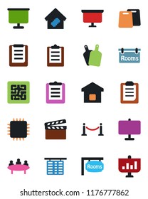 Color and black flat icon set - fence vector, flight table, presentation board, meeting, clipboard, clapboard, rooms, smart home, cutting, chip