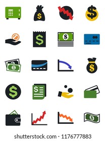 Color and black flat icon set - credit card vector, safe, dollar sign, money bag, crisis graph, cash, receipt, wallet, growth, investment