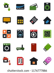 Color and black flat icon set - calculator vector, monitor, speaker, phone back, sim, washer, smart home, credit card, control, chip, remote, router, usb flash