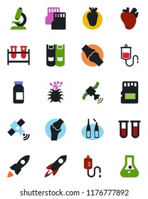 Color and black flat icon set - book vector, blood test vial, dropper, microscope, ampoule, real heart, joint, virus, satellite, sd, rocket, flask