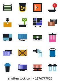 Color and black flat icon set - trash bin vector, checkroom, watering, railroad, truck trailer, cargo container, consolidated, package, oil barrel, heavy scales, water filter