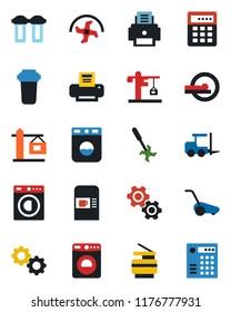 Color and black flat icon set - coffee machine vector, washer, fork loader, ripper, lawn mower, tomography, printer, copier, crane, gear, water filter, combination lock
