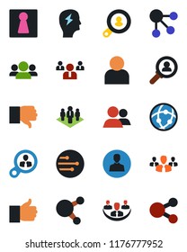 Color and black flat icon set - female vector, team, brainstorm, share, group, finger up, down, user, network, company, client search, consumer, social media