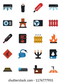 Color and black flat icon set - fire vector, hose, fireplace, thermometer, heater, air conditioner, candle, water, smoke detector, radiator, warm floor