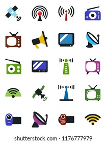 Color and black flat icon set - antenna vector, satellite, radio, loudspeaker, tv, video camera, wireless