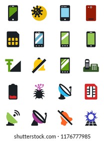 Color and black flat icon set - satellite antenna vector, mobile phone, virus, cell, low battery, back, sim, mute, cellular signal, office, sun panel