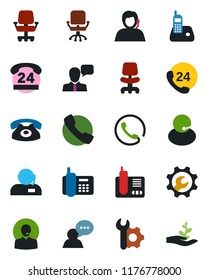 Color and black flat icon set - office chair vector, phone, 24 hours, support, speaker, radio, call, root setup, palm sproute