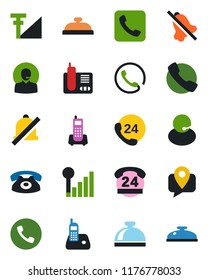 Color and black flat icon set - phone vector, reception bell, office, 24 hours, support, mobile tracking, radio, call, mute, cellular signal