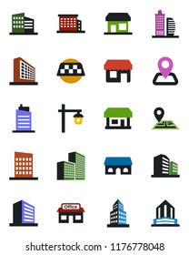 Color and black flat icon set - taxi vector, office building, garden light, navigation, store, city house, cafe, storefront