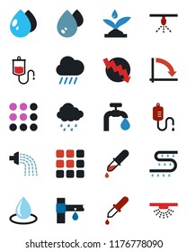 Color and black flat icon set - crisis graph vector, watering, water drop, rain, drip irrigation, dropper, menu, supply, sprinkler