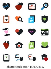 Color and black flat icon set - heart vector, pulse, diagnosis, blood pressure, diagnostic, shield, hand, real, medical calendar, clipboard, sweet home
