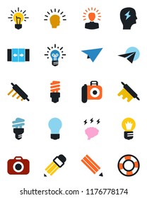 Color and black flat icon set - automatic door vector, brainstorm, bulb, camera, pencil, rolling pin, energy saving, shining head, idea, paper plane, crisis management