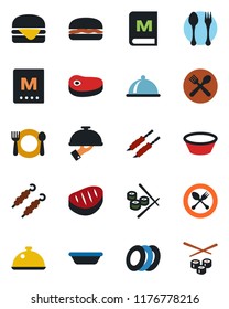 Color and black flat icon set - spoon and fork vector, dish, cafe, menu, plates, waiter, steak, kebab, hamburger, bowl, sushi