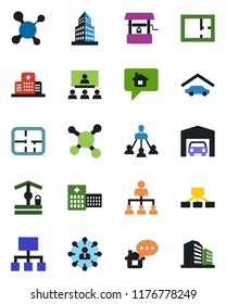 Color and black flat icon set - hierarchy vector, well, molecule, hospital, office building, garage, plan, home message