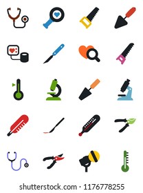 Color and black flat icon set - trowel vector, pruner, saw, stethoscope, blood pressure, thermometer, heart diagnostic, microscope, scalpel, microphone