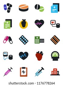 Color and black flat icon set - heart pulse vector, diagnosis, syringe, blood pressure, pills, blister, tomography, real, clipboard, hospital
