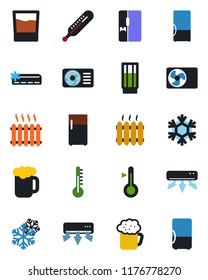 Color and black flat icon set - thermometer vector, heater, air conditioner, fridge, drink, beer, snowflake