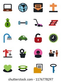 Color and black flat icon set - passport control vector, flower in pot, lawn mower, heart, barbell, patient, signpost, car delivery, clock, folder document, laptop pc, mail, paper tray, lock, crane