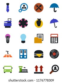 Color and black flat icon set - airport bus vector, umbrella, building, office binder, bulb, ambulance star, real heart, folder document, up side sign, vinyl, remote control, calculator, tie, copier