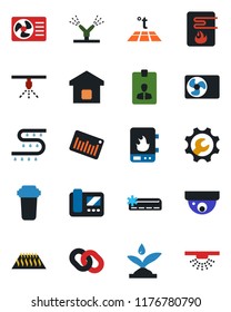 Color and black flat icon set - identity card vector, drip irrigation, barcode, chain, root setup, air conditioner, smart home, water heater, intercome, filter, warm floor, surveillance, sprinkler