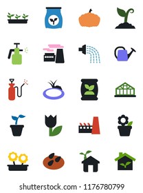 Color and black flat icon set - factory vector, flower in pot, seedling, watering can, sproute, pumpkin, greenhouse, seeds, pond, garden sprayer, fertilizer, tulip, eco house