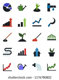 Color and black flat icon set - growth statistic vector, seedling, watering can, sproute, hoe, sickle, greenhouse, drip irrigation, bar graph, pie, point, arrow up