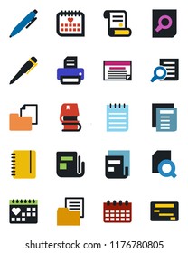 Color and black flat icon set - document search vector, pen, notepad, calendar, printer, contract, medical, folder, news, book, schedule