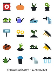 Color and black flat icon set - seedling vector, watering can, sproute, plant label, pumpkin, seeds, oil barrel, house with tree, pond, flower in pot, rolling pin, water filter